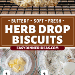 Herb drop biscuits on a cooling rack and dough being mixed together in a bowl.