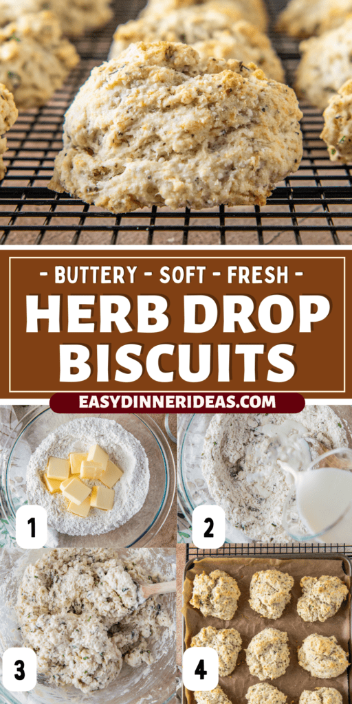 Herb drop biscuits on a cooling rack and dough being mixed together in a bowl.