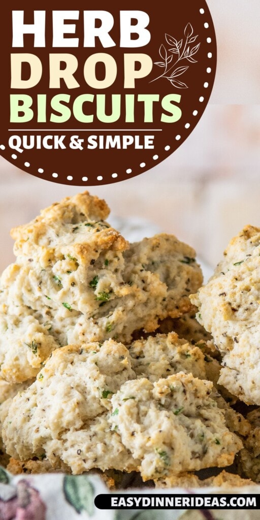 Herb drop biscuits stacked on top of each other in a bowl.