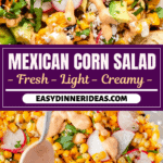 Corn salad in a bowl and corn salad being drizzled with chipotle sauce.