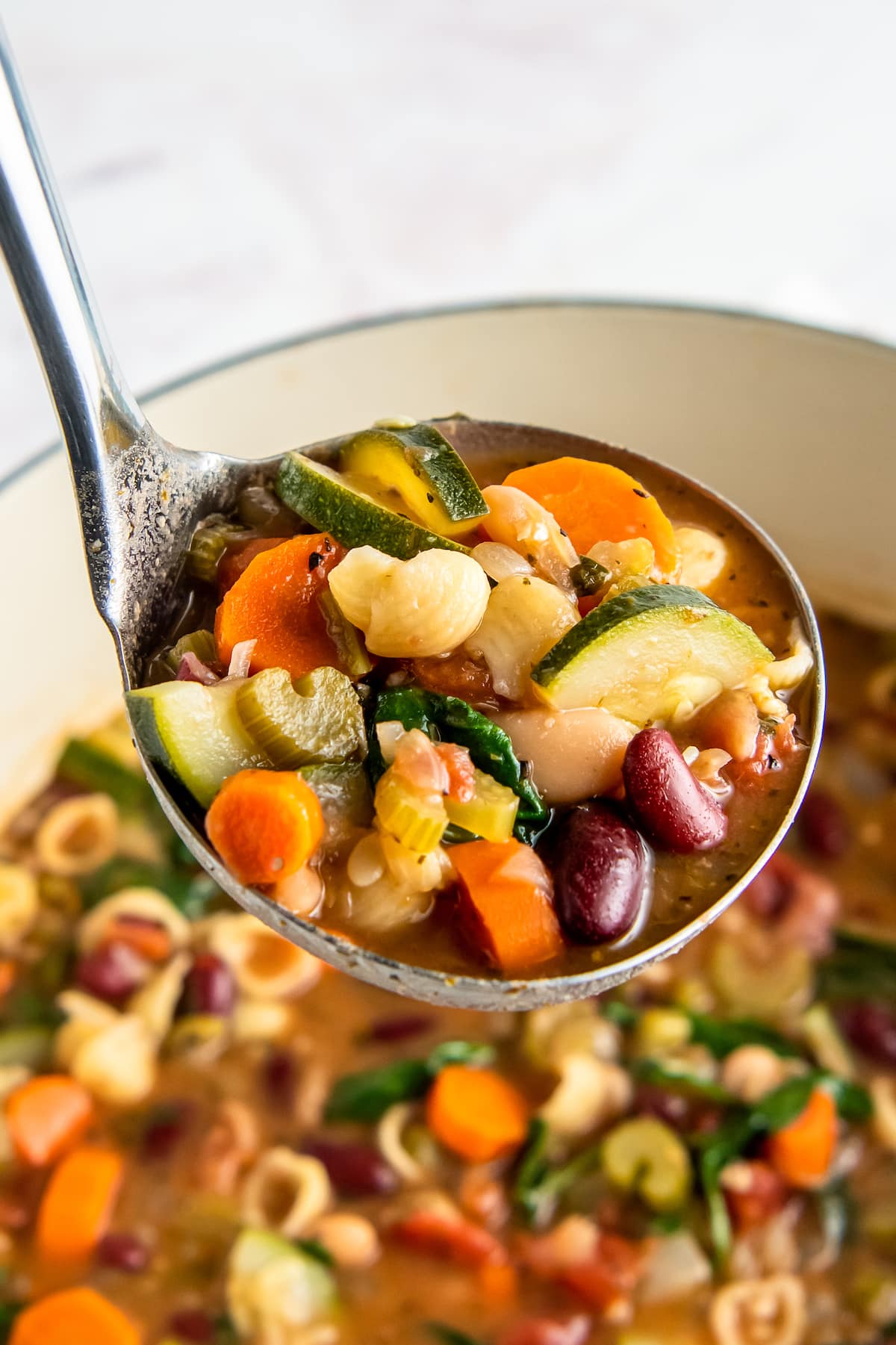 a ladle of soup with a lot of vegetables like carrots and zucchini