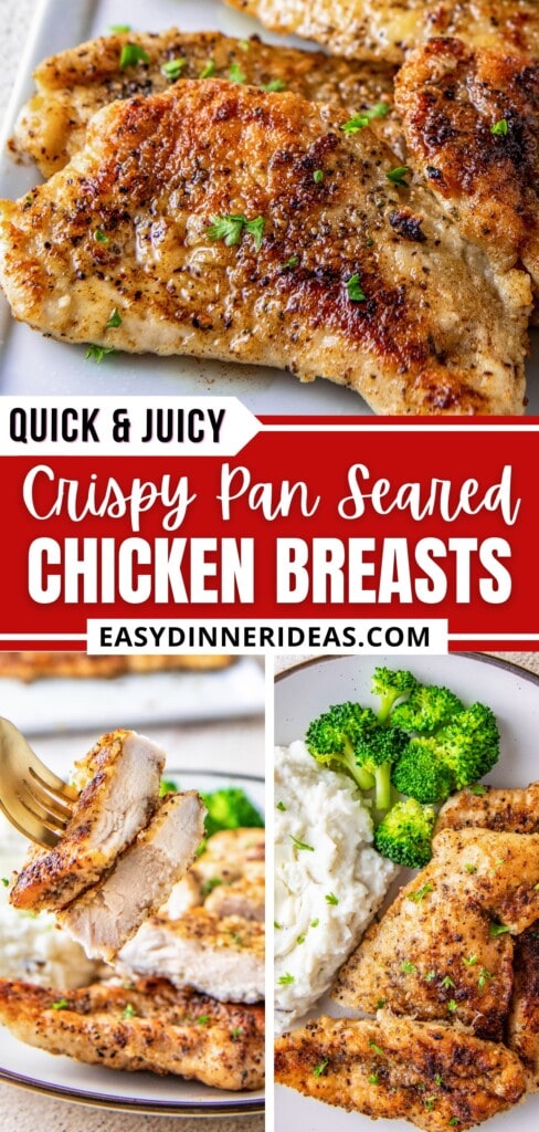 Chicken breasts on a plate with broccoli and mashed potatoes, cut chicken on a fork and pan seared chicken breasts on a platter.