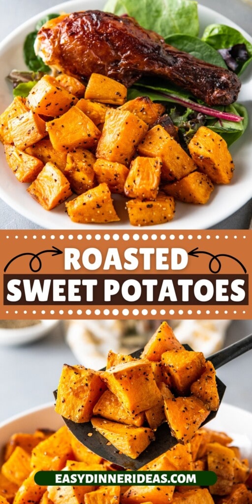 Roasted sweet potatoes on a plate and being scooped up with a spatula.