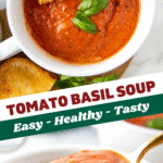 A bowl of tomato basil soup with a spoon scooping up a bite of soup.