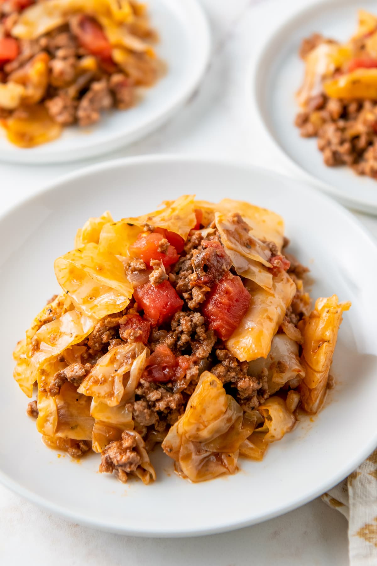 a plated portion of cabbage and beef dinner