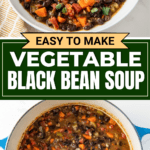 A bowl of carrot vegetable black bean soup and soup in a pot with a wooden spoon.