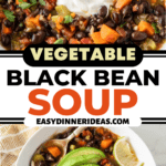 Carrot black bean soup in a bowl with a spoon and lime, avocado and sour cream for garnish.