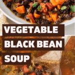 A black bean soup in a bowl with sour cream on top and soup in a pot with a wooden spoon.