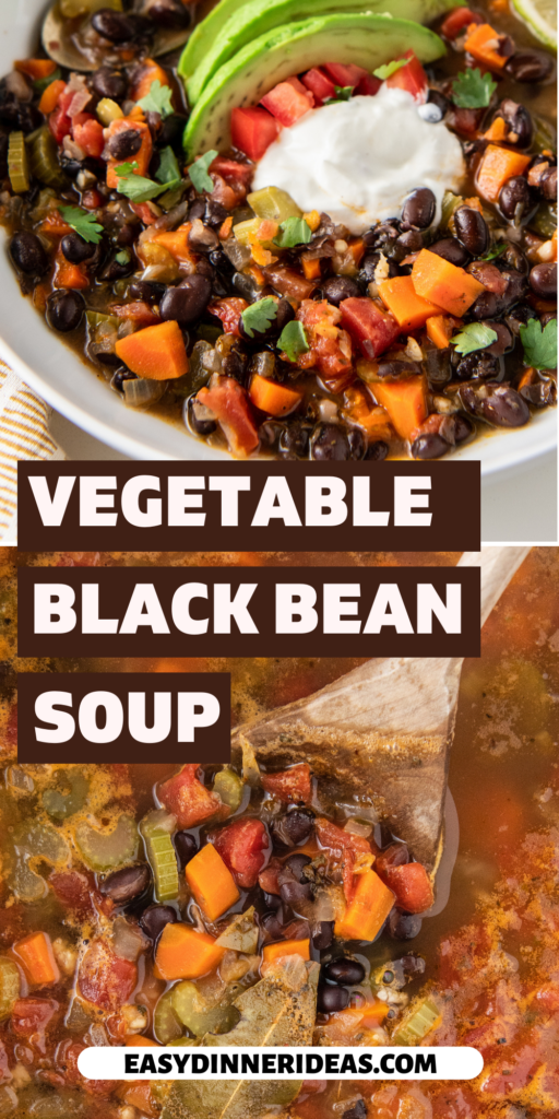 A black bean soup in a bowl with sour cream on top and soup in a pot with a wooden spoon.