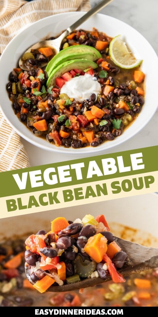 A bowl of carrot black bean soup with sour cream and avocado on top and a wooden spoon scooping up a serving of bean soup.