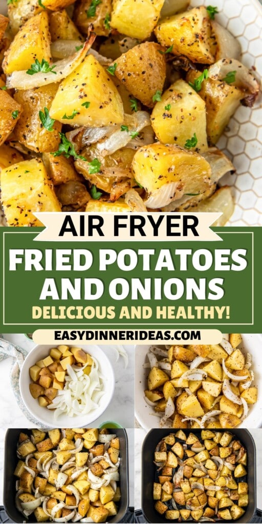 Onions and potatoes in a bowl, being coated with oil and seasonings and then in an air fryer basket.