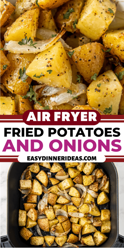An air fryer basket with potatoes and onions.