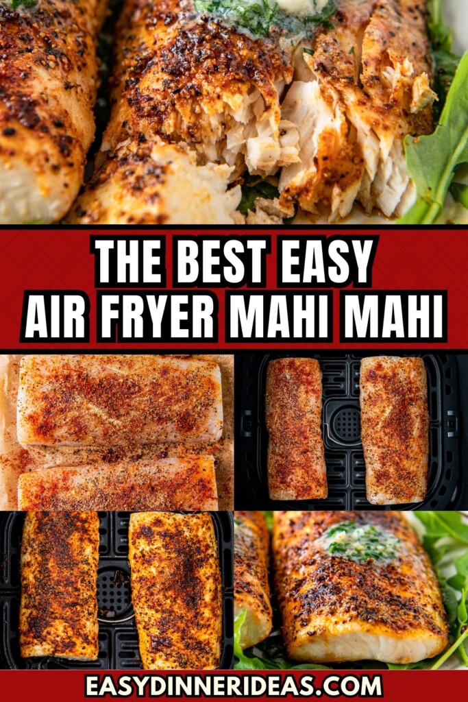Two mahi mahi filets are seasoned before cooking in the air fryer.