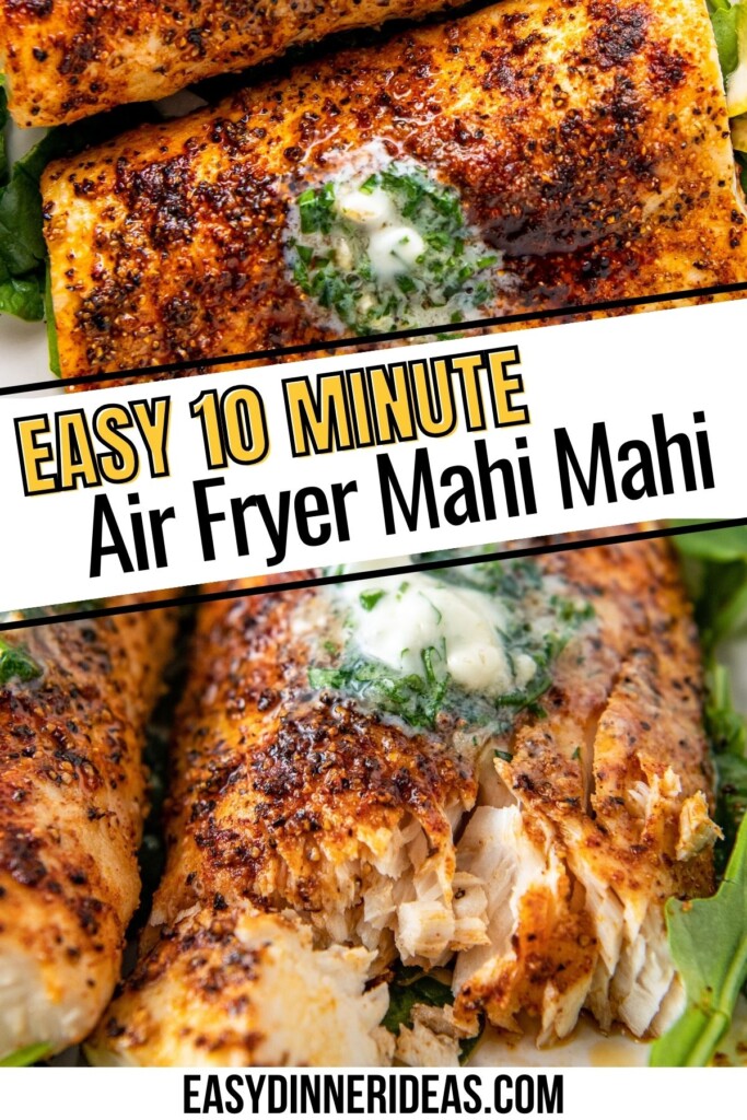 Flaky air fryer mahi mahi is presented with vibrant garlic herb butter.