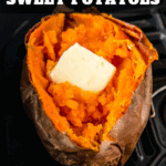 A sweet potato in an air fryer sliced on the top with butter inside.
