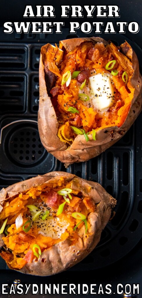 Two sweet potatoes in an air fryer stuffed with butter, bacon and chives.