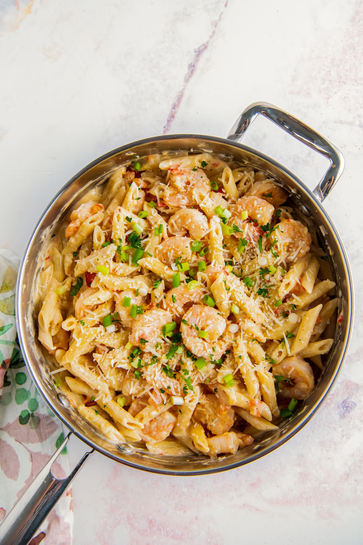 A pan of creamy cajun shrimp pasta.