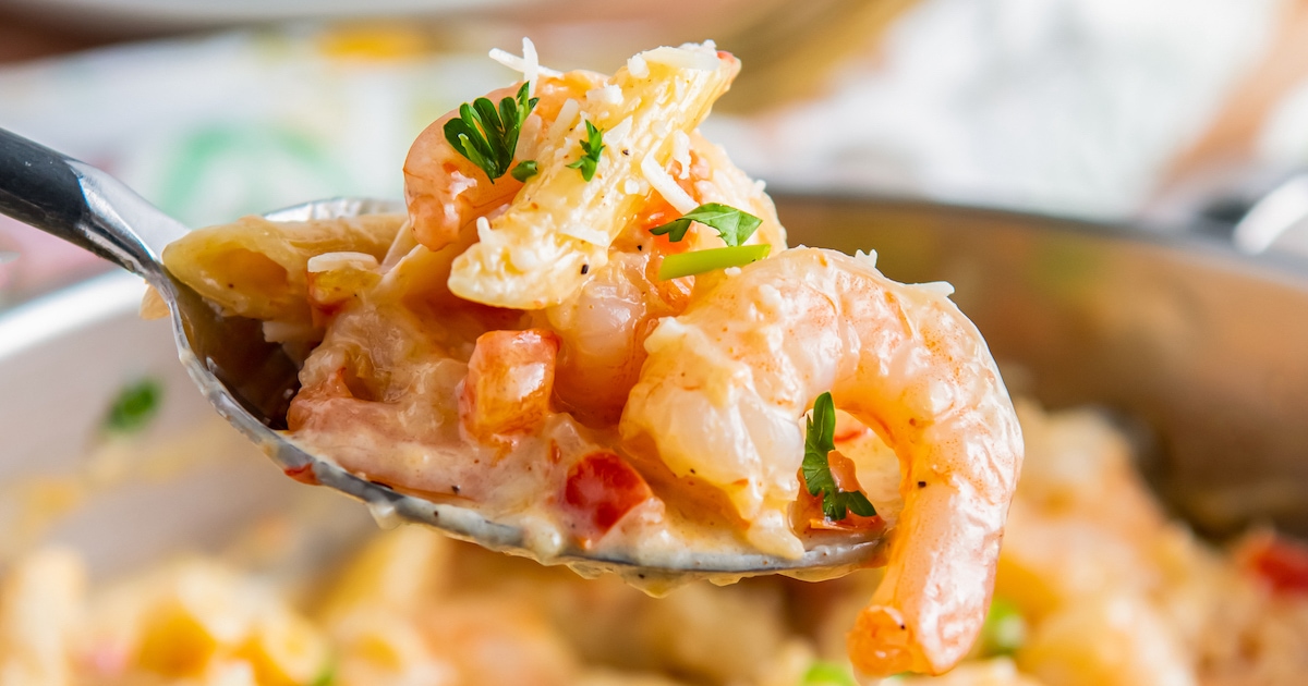 A forkful of shrimp pasta.