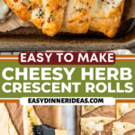 Crescent rolls being stuffed with cheese and brushed with butter and herbs on a baking dish.