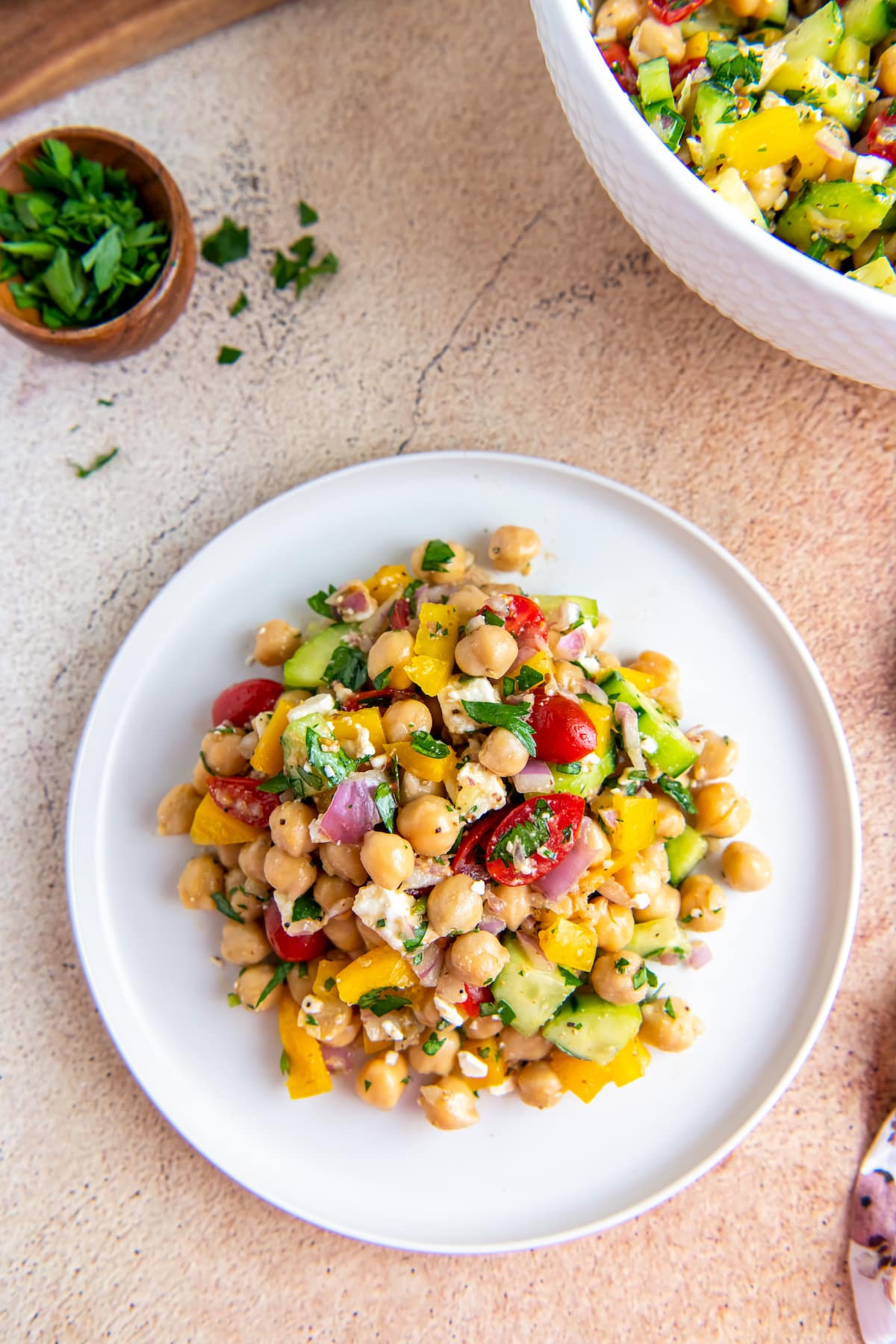 a plate of chickpea salad with tomatoes. red onions, herbs, and other fresh ingredients