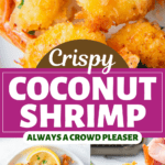 Coconut shrimp on a plate with lemon wedges and being dunked in sweet chili sauce.