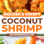 Coconut shrimp with lemon wedges and coconut shrimp being dunked in sweet chili sauce.