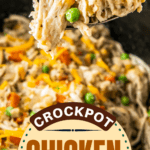 A spoon lifting out a serving of crockpot chicken and rice out of a slow cooker.
