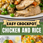 Ingredients arranged in bowls and crockpot chicken and rice with carrots, peas and cheese.