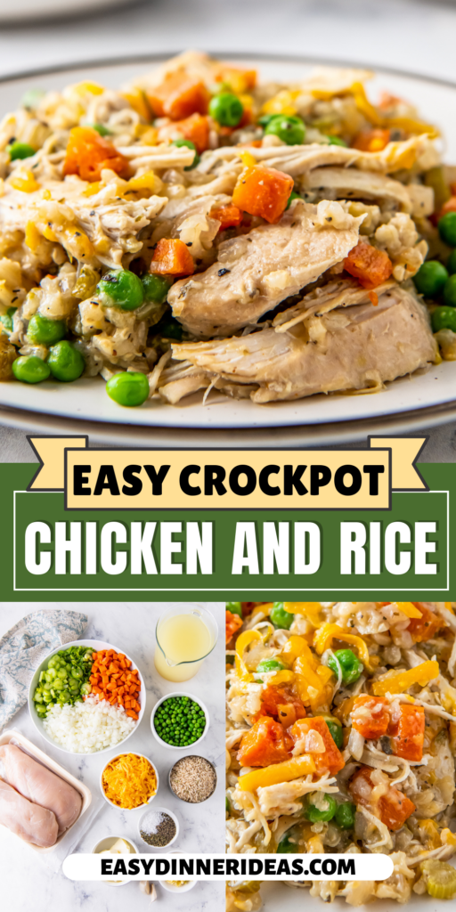 Ingredients arranged in bowls and crockpot chicken and rice with carrots, peas and cheese.