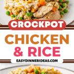A fork picking up a bite of crockpot chicken and rice and a serving on a plate.