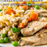 A plate filled with slow cooker chicken and rice with carrots and peas.