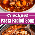 A bowl of pasta fagioli and a ladle scooping up a serving of soup out of a crockpot.