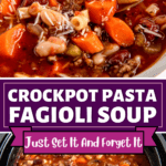 A spoon picking up a bite of pasta fagioli and the soup in a crockpot.