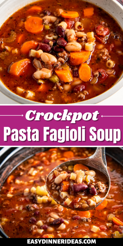 A bowl of pasta fagioli and a ladle scooping up a serving of soup out of a crockpot.