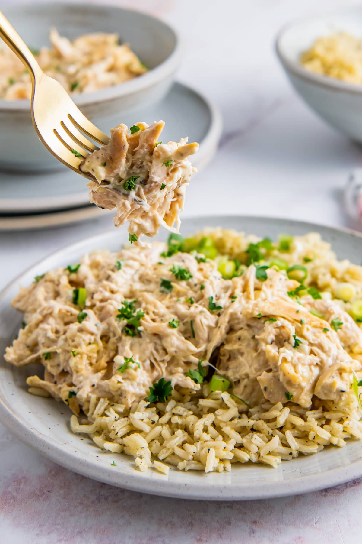 a plate with shredded creamy chicken next to rice and a fork taking a bite