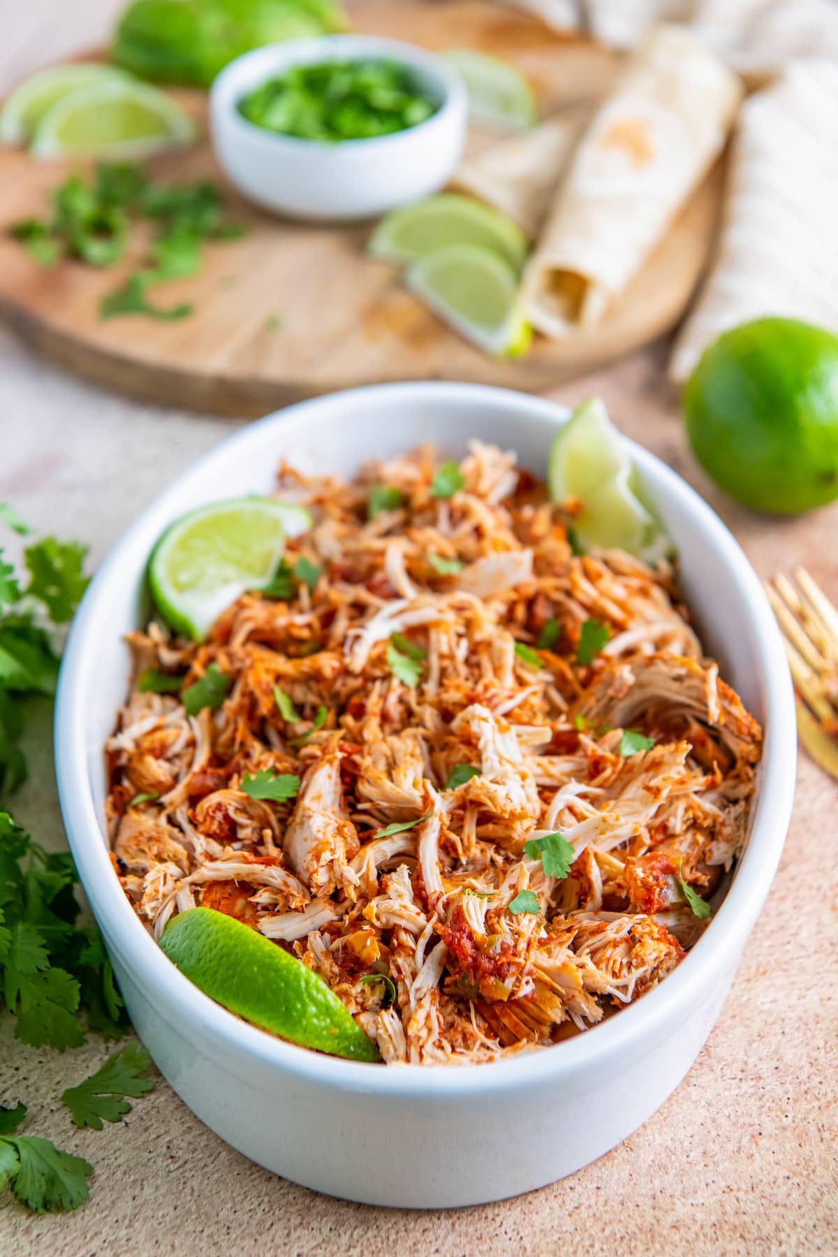 a casserole dish with shredded chicken tossed in salsa and fresh herbs