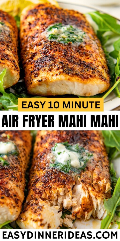 Garlic herb butter is spread generously on top of cooked air fryer mahi mahi filets.