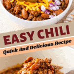 A wooden spoon scooping up a serving of chili and chili in a bowl with all the toppings.