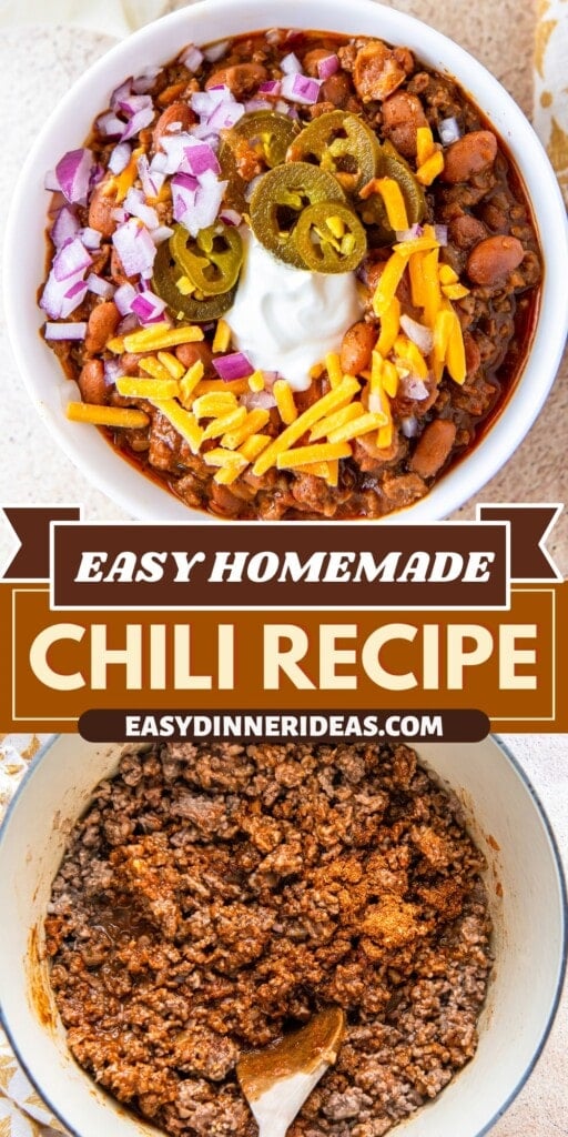 A bowl of chili with all the toppings and chili being made in a pot.