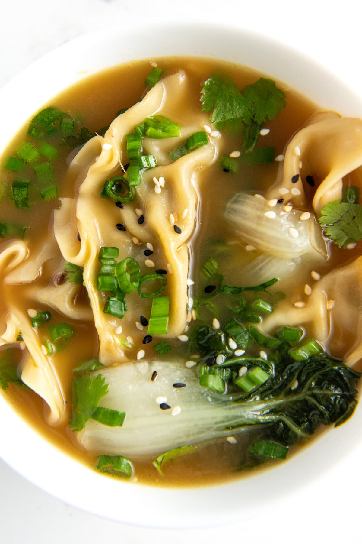 potsticker soup with herbs and bok choy in a white bowl