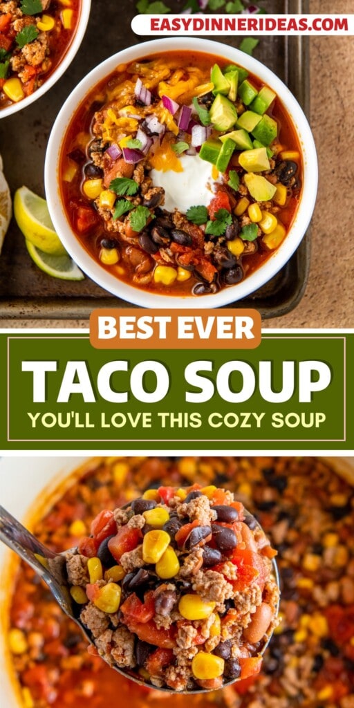 A bowl of taco soup with all the toppings and a ladle scooping up a serving of soup out of a pot.