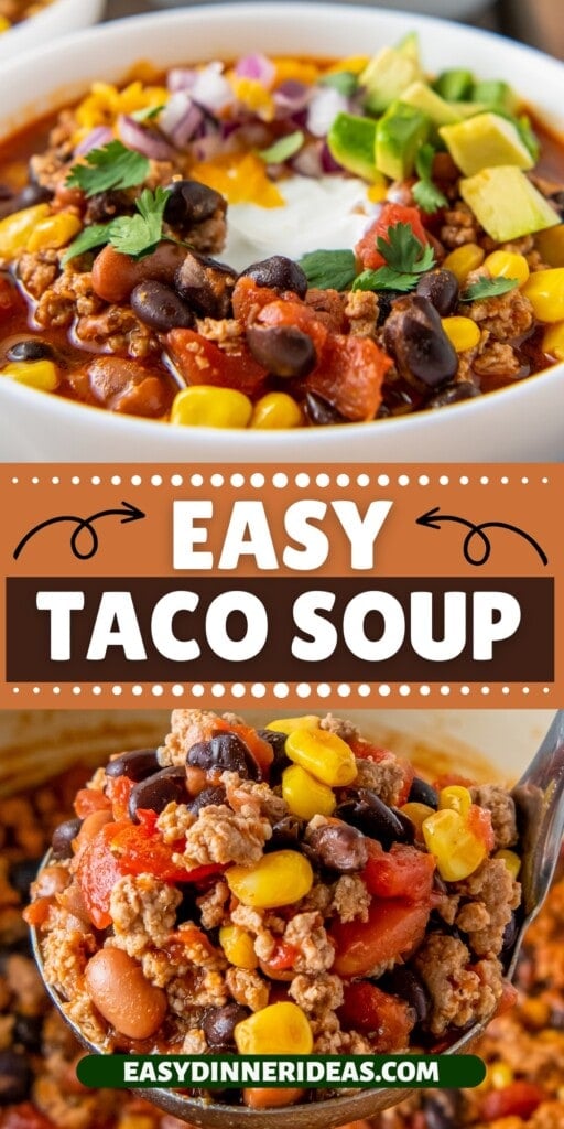 A bowl of taco soup and a ladle scooping up a serving.