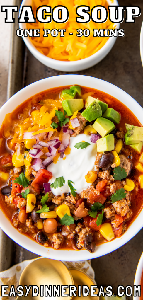 Taco soup in a bowl with all the toppings.