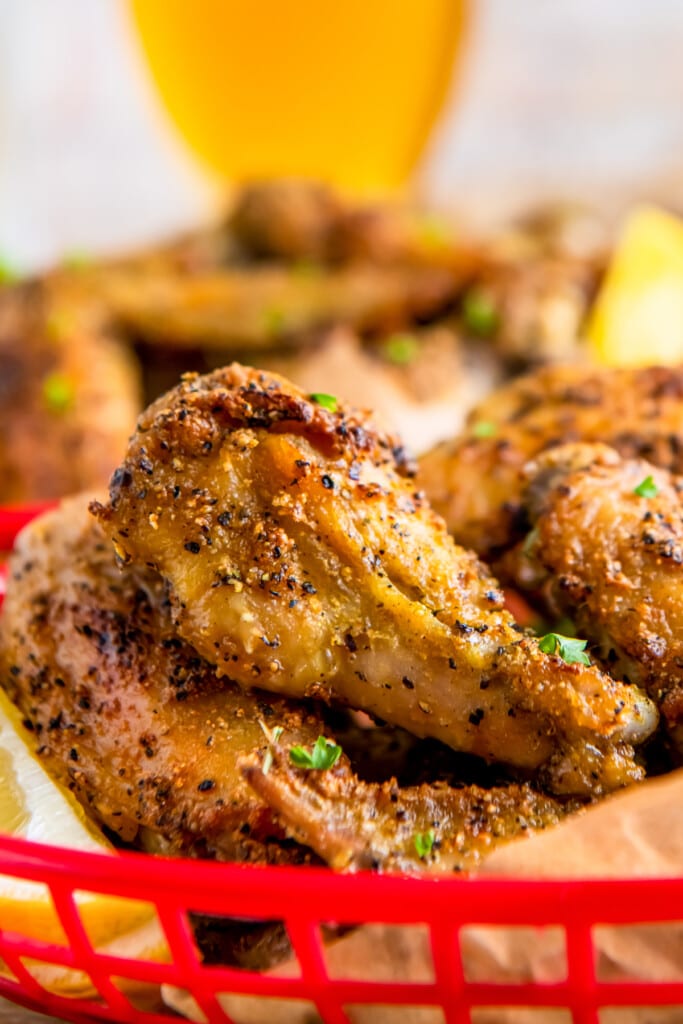 close up of crispy chicken wings