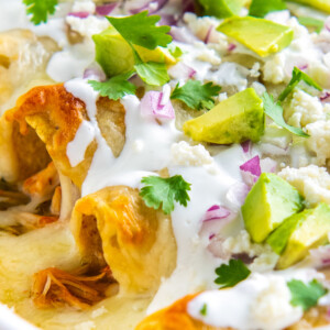close up of salsa verde chicken enchiladas with various toppings