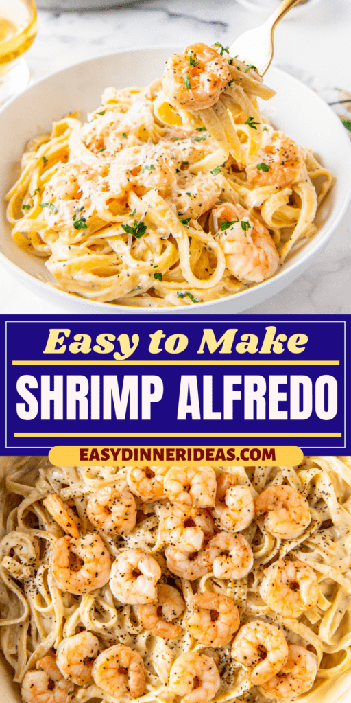 Cooked shrimp on top of fettuccini alfredo and a fork picking up a bite off a plate.