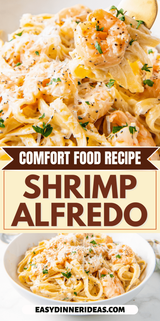 A plate of shrimp alfredo with a fork picking up a bite.