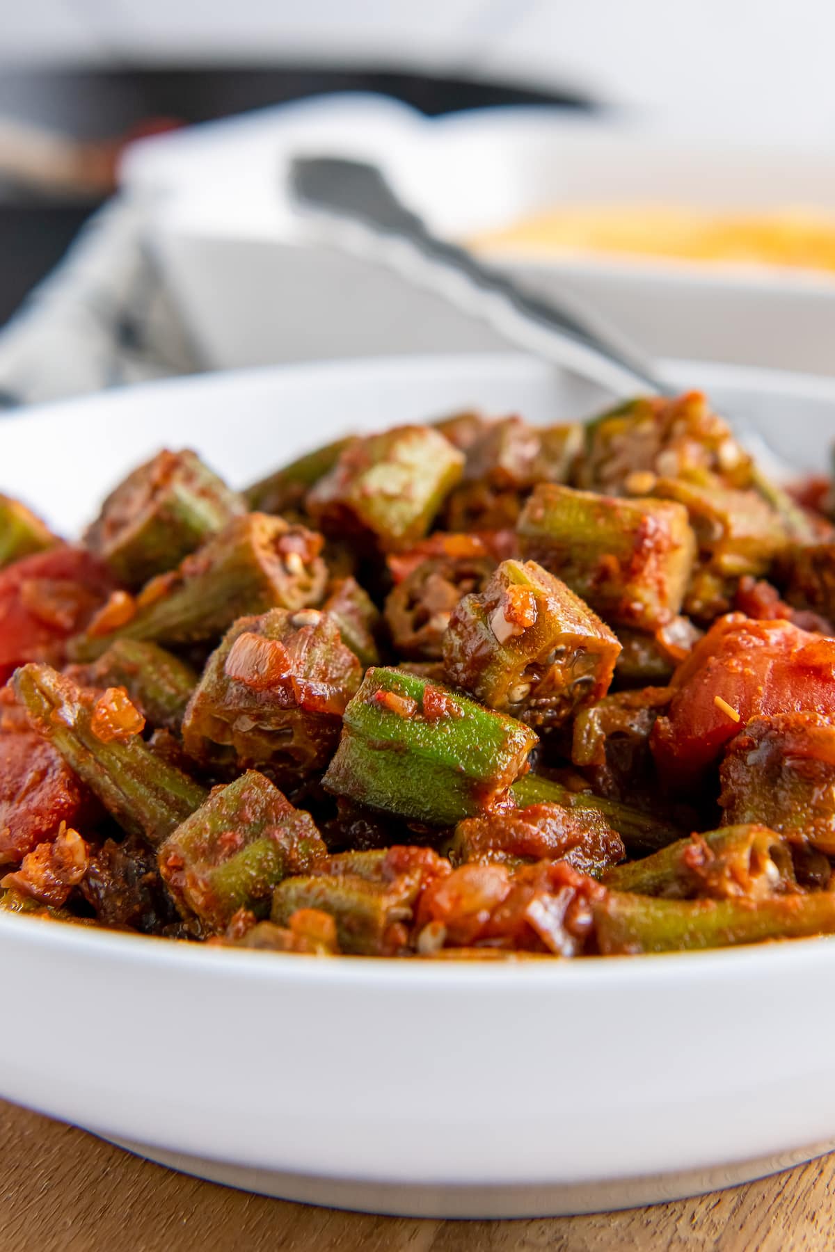 close up of stewed okra and tomatoes