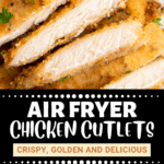 Chicken cutlets coated and being air fried in an air fryer basket.