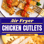 A plate of air fryer chicken cutlets on a plate with marinara on top.